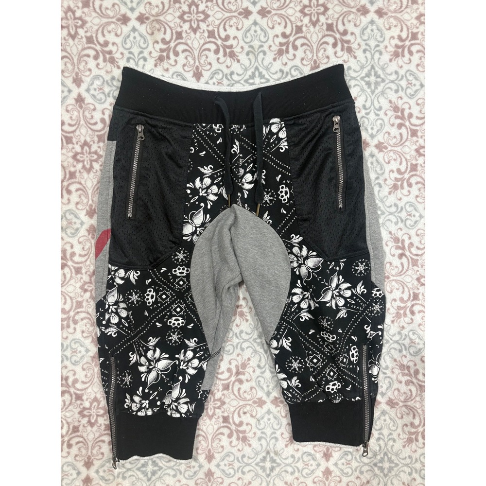 Square Zero Mens Small Black Bandana Patchwork Drop Crotch Jogger Shorts Fresh